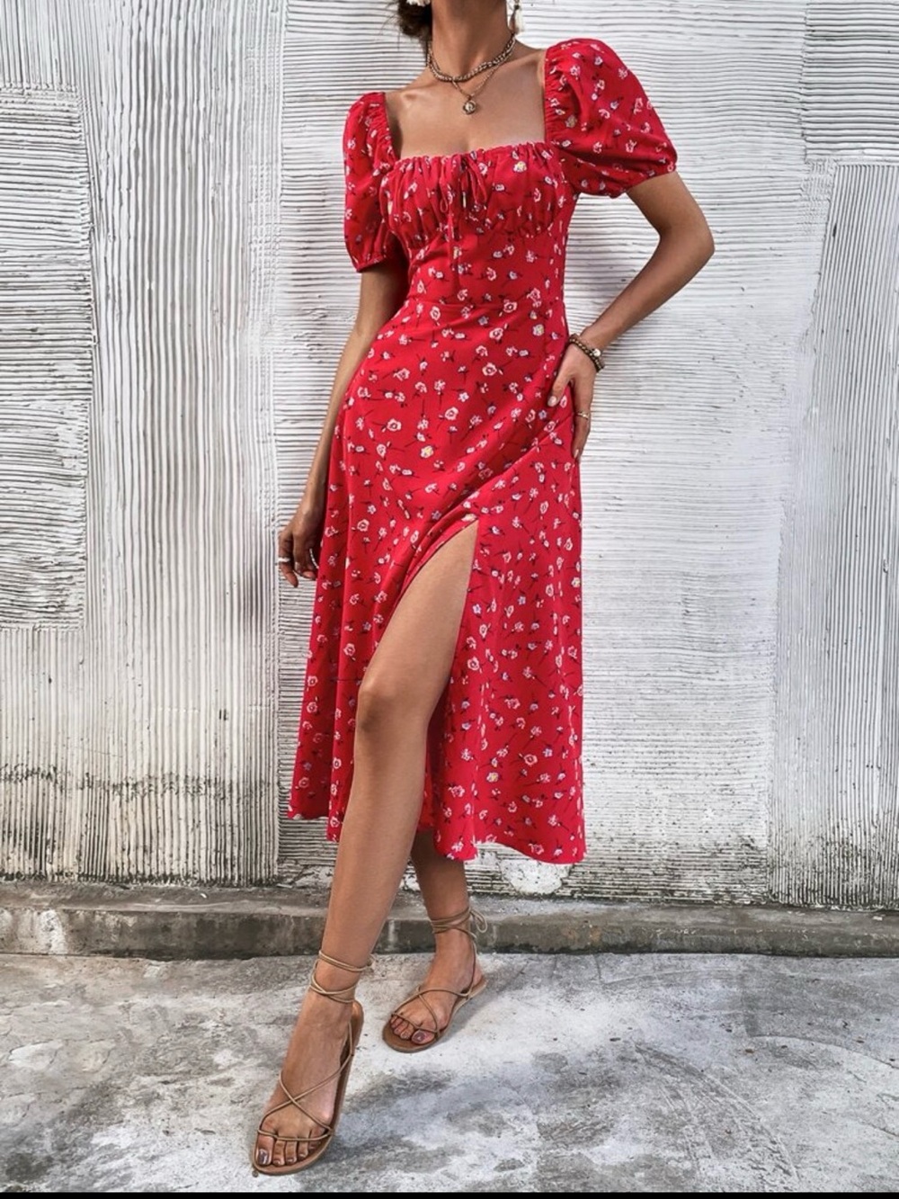 Red Floral Square-Neck Midi Dress